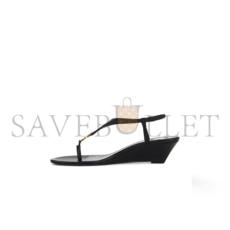 YSL BLACK CASSANDRA LEATHER WEDGE SANDAL 